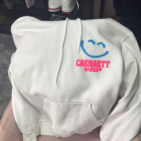 Carhartt WIP White Hoodie with Blue Smiley and Pink Text - Picture 1 of 1